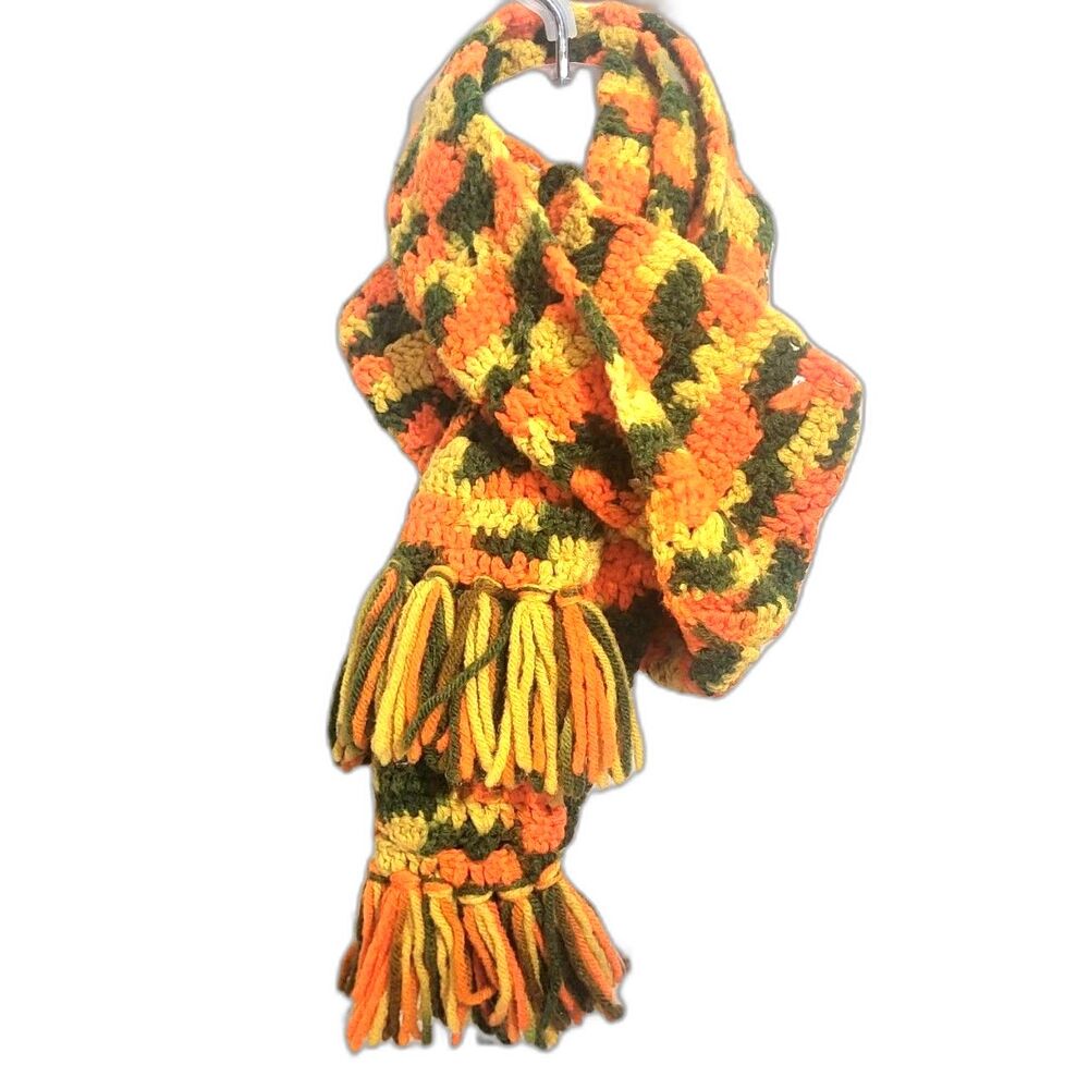 Vintage Retro 70s Handcrafted Chunky Crochet Green Orange Yellow Cozy Boho Scarf